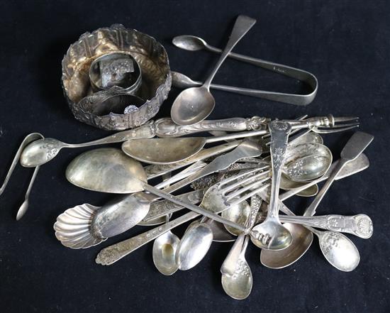 Twenty seven assorted items of silver flatware, a silver napkin ring, an Indian bowl and two silver mounts, 18 oz.